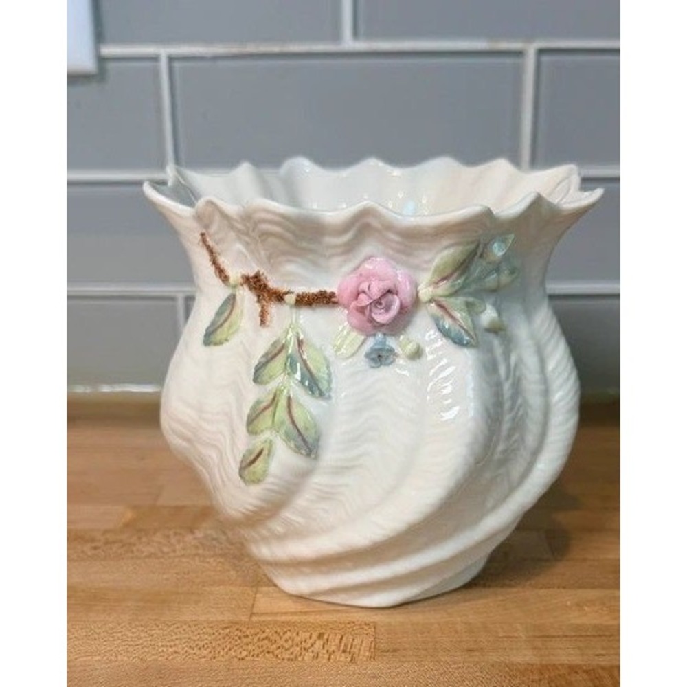 Belleek Ireland Parian China Shell Vase Applied Pink Rose Flowers Iridescent